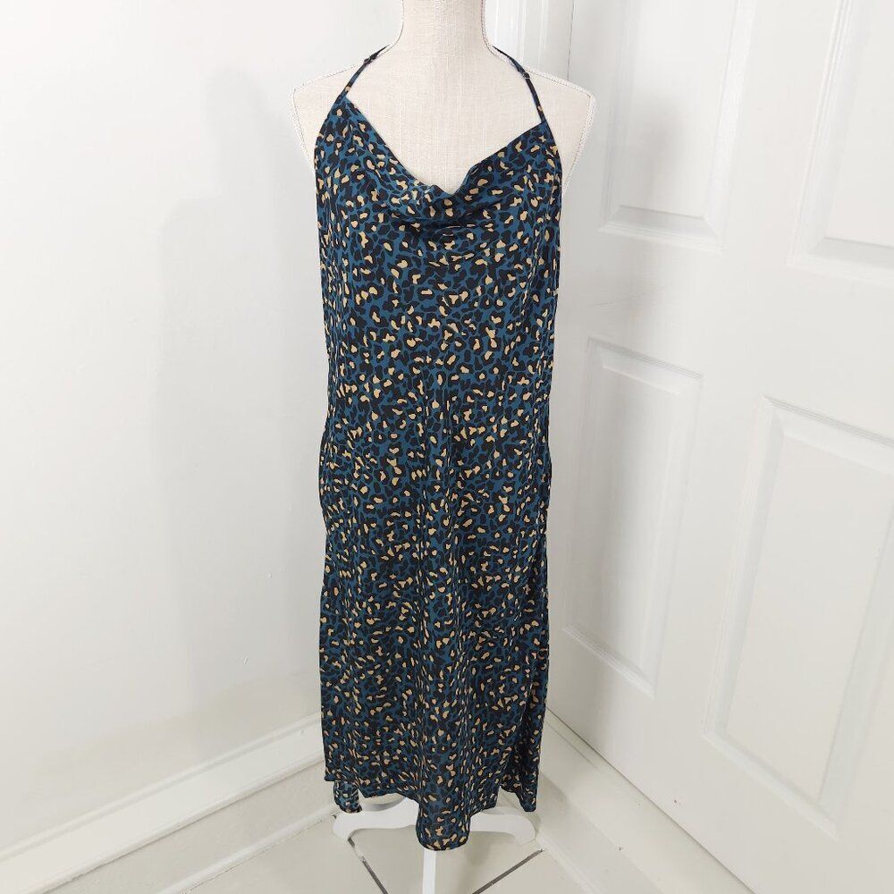 BCBGeneration Dress Womens L Blue Leopard Print Slim Satin Racerback Midi New